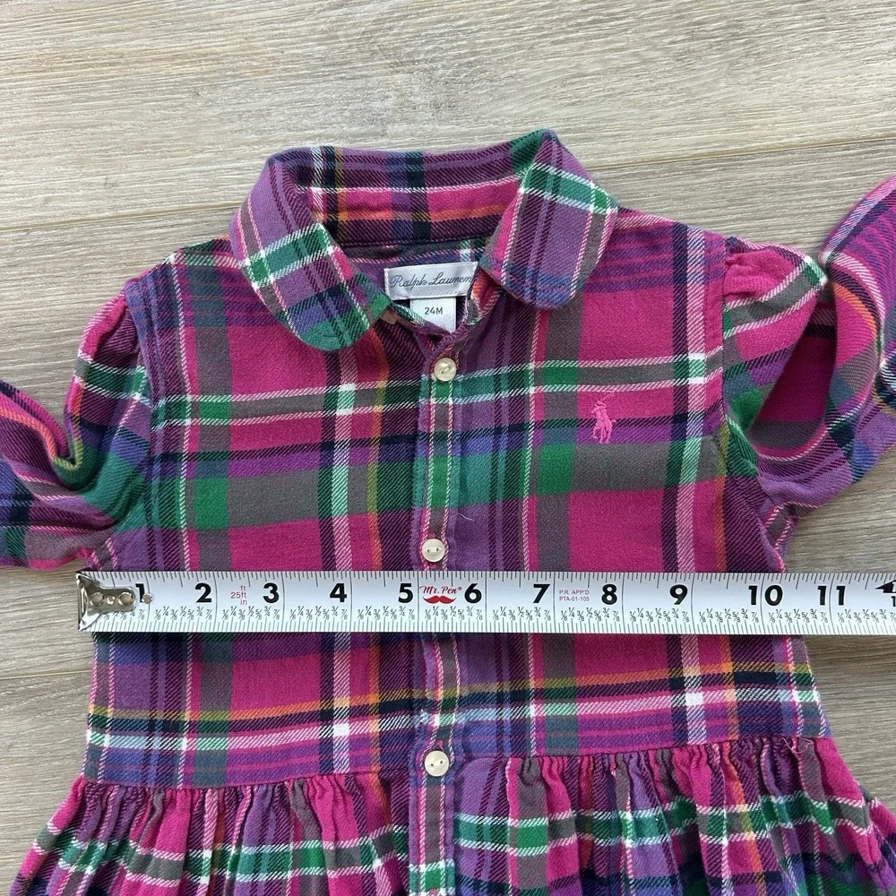 Ralph Lauren 24M Pink‎ Plaid Long Sleeve Shirt Dress Baby Girls Embroidered Pony